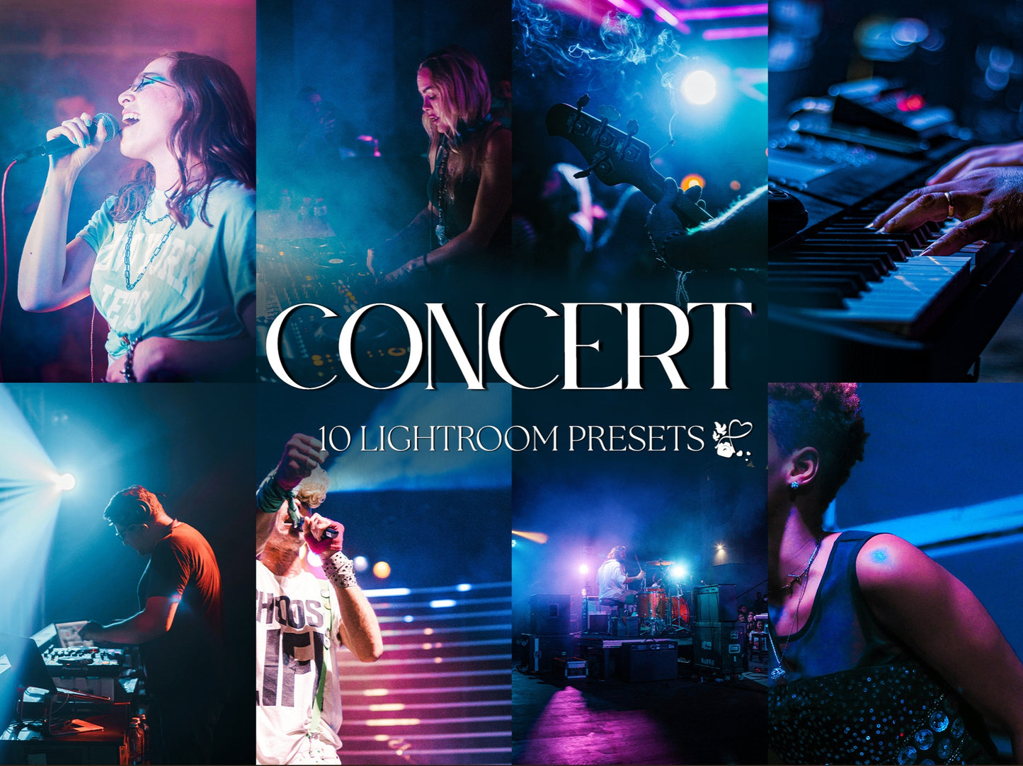 Collage of concert images showcasing 10 Lightroom Presets for vibrant photo editing.