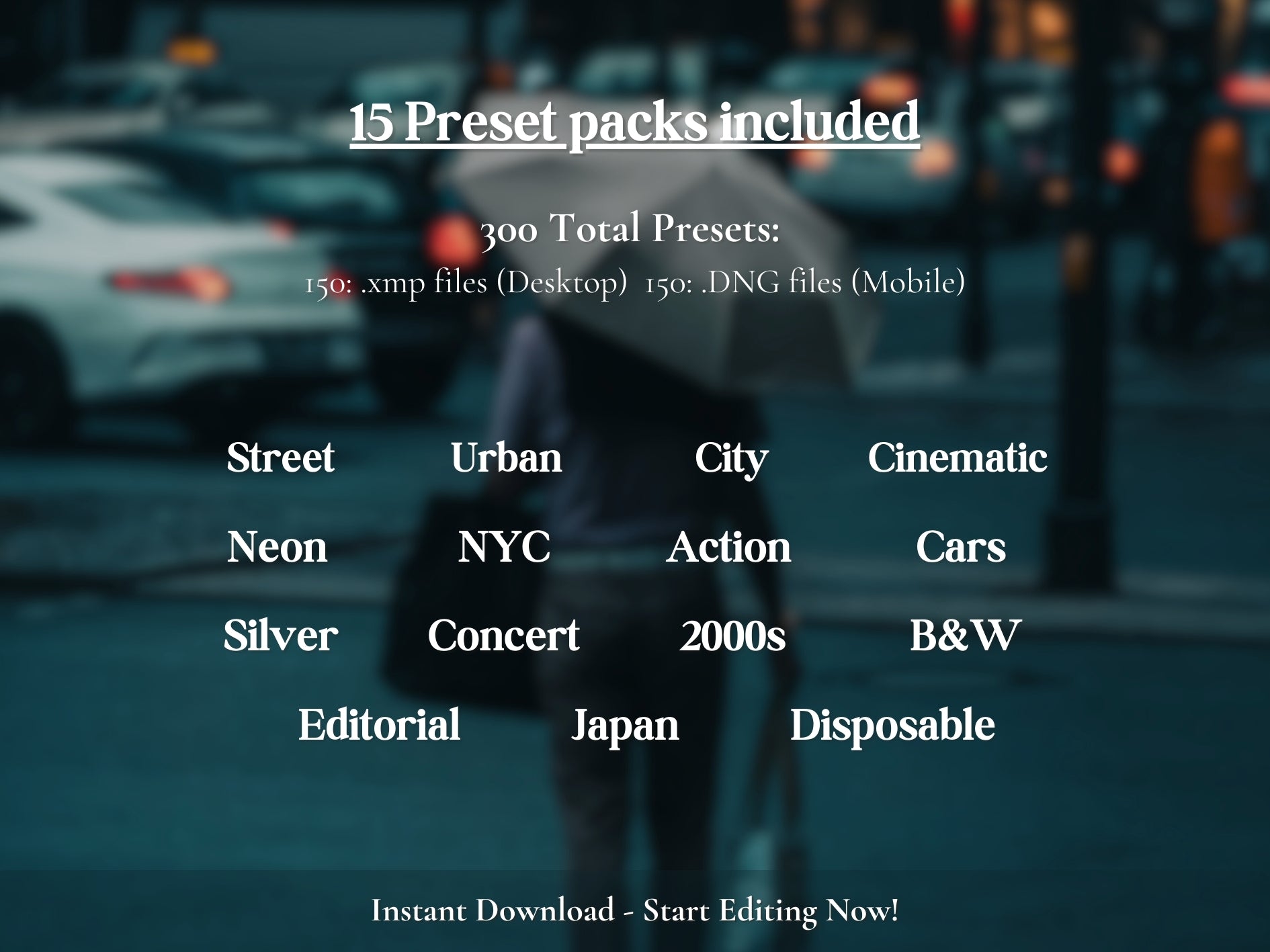 15 preset packs included with 300 total Lightroom presets for mobile and desktop photo editing.