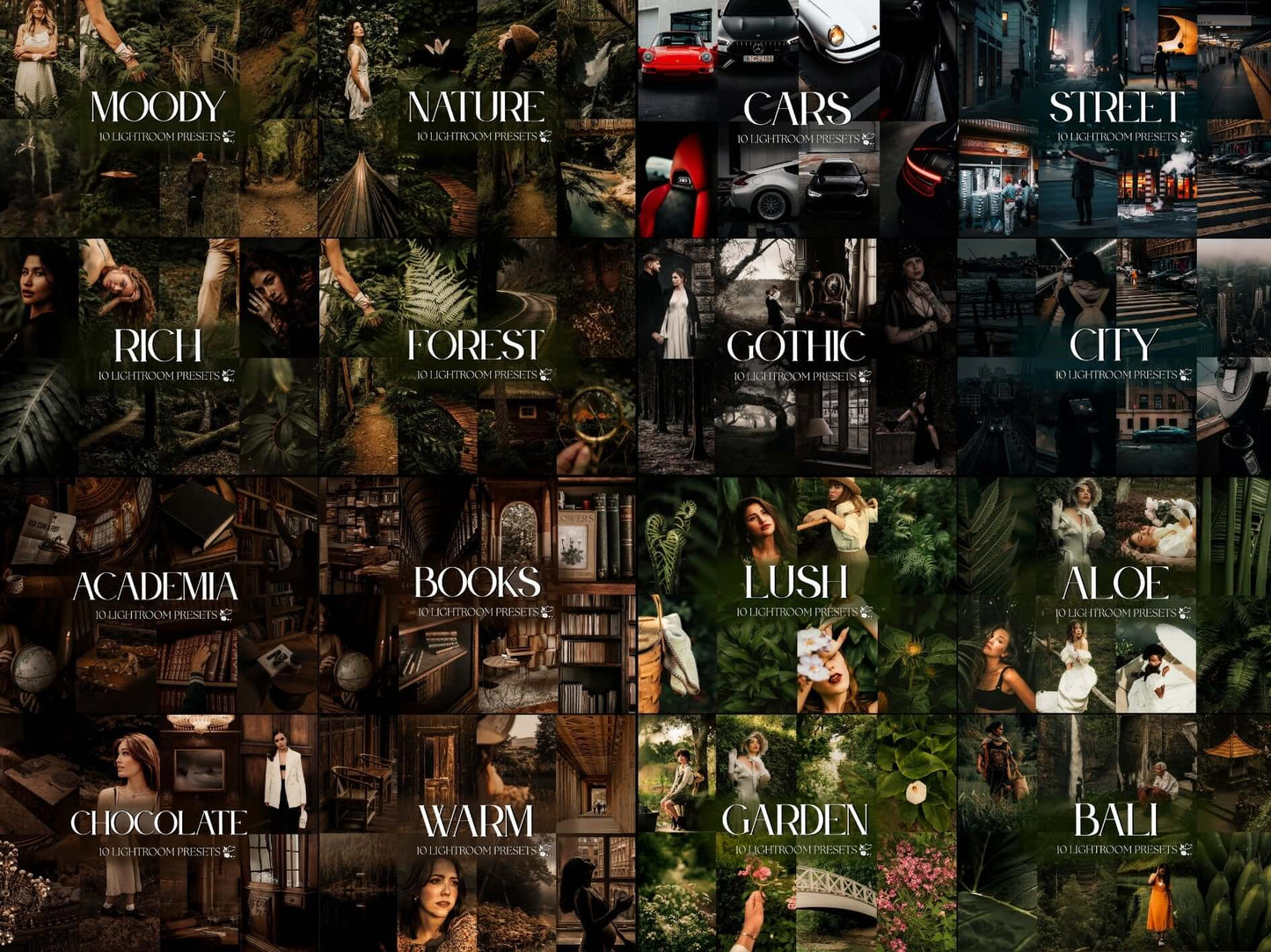 A collage of various Lightroom presets showcasing moods like Moody, Nature, City, and more for photo editing.