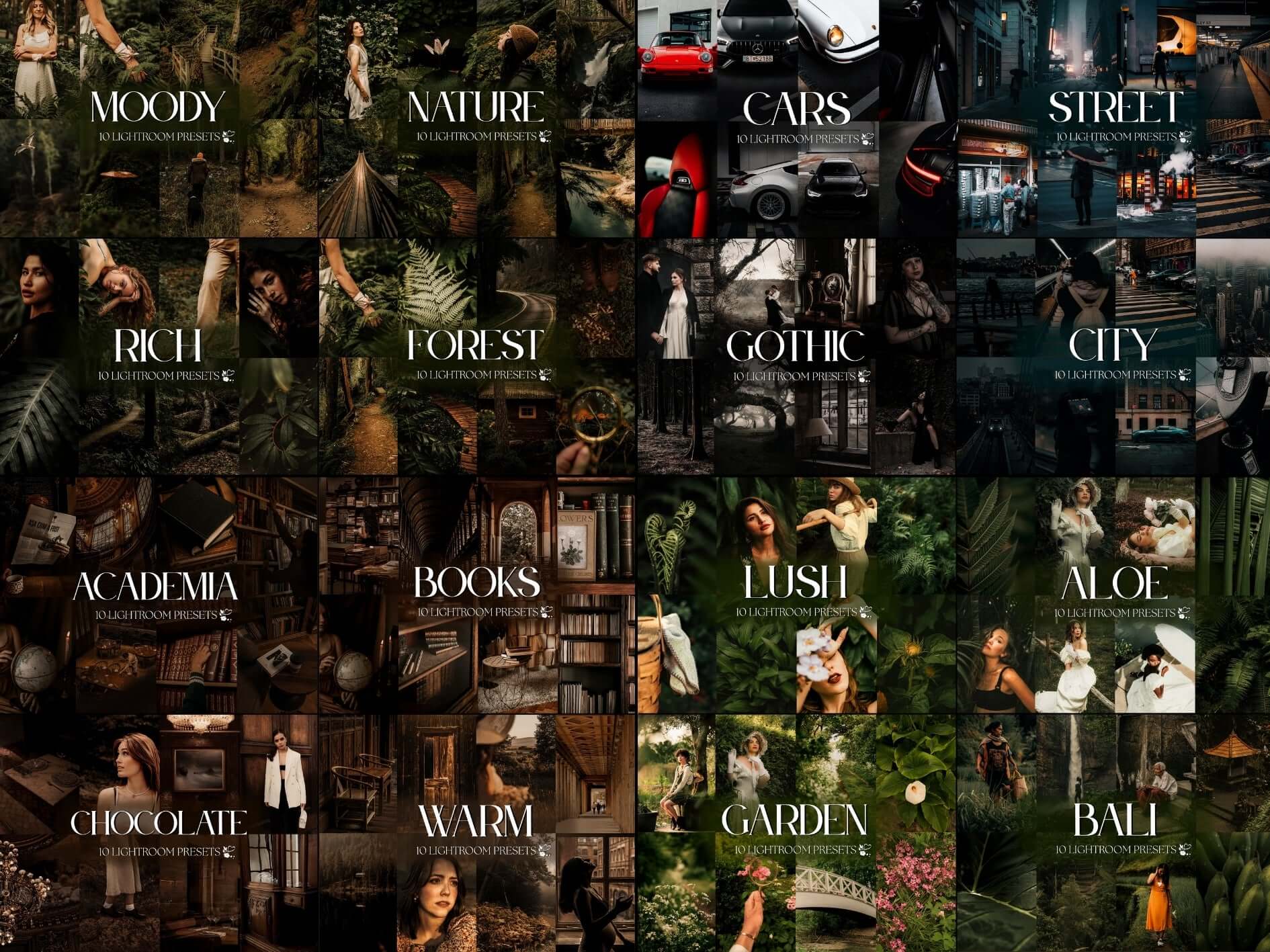 A collage of various Lightroom presets showcasing moods like Moody, Nature, City, and more for photo editing.