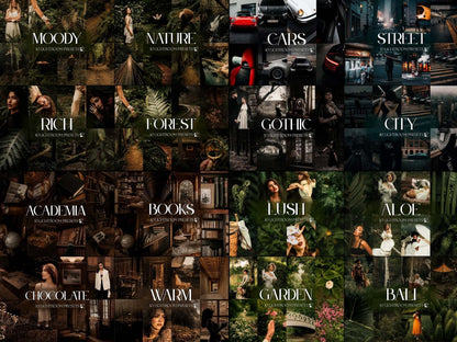 A collage of various Lightroom presets showcasing moods like Moody, Nature, City, and more for photo editing.