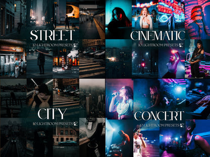 Collage of Lightroom presets showcasing street, city, cinematic, and concert photo editing styles.
