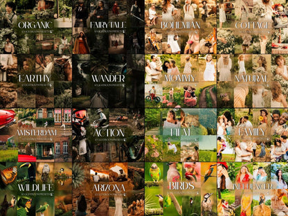 Collage of Lightroom preset styles including Organic, Fairy Tale, Bohemian, and more for photo editing.