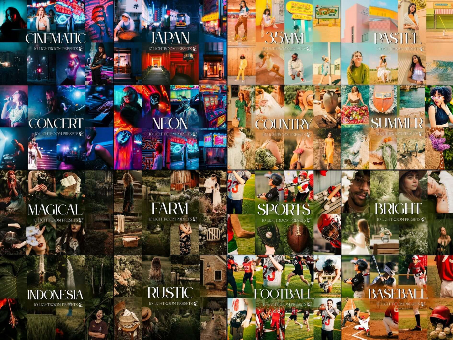 Collage of various Lightroom Presets for different themes: Cinematic, Japan, Concert, Rustic, Summer, and more.