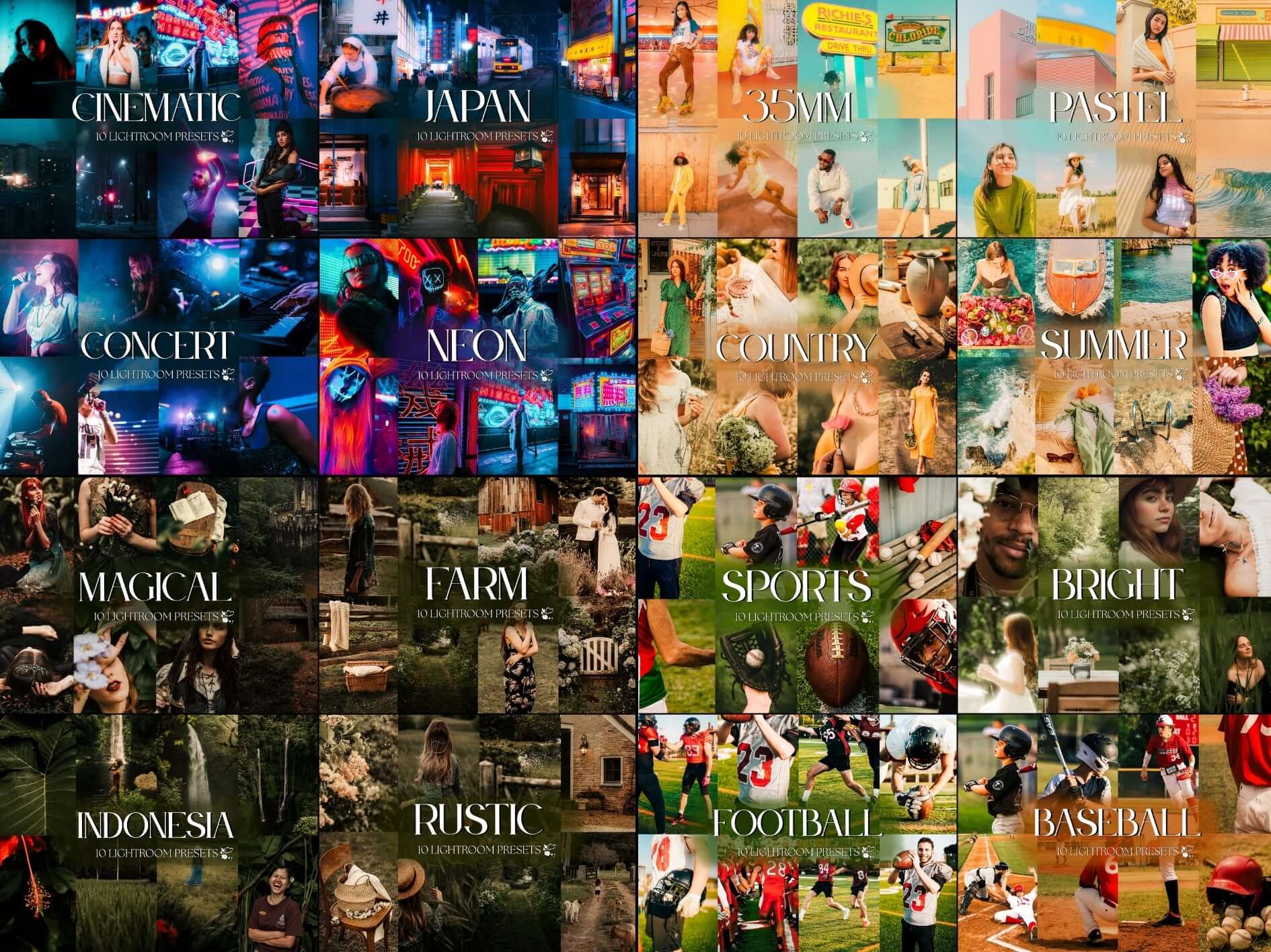 Collage of various Lightroom Presets for different themes: Cinematic, Japan, Concert, Rustic, Summer, and more.