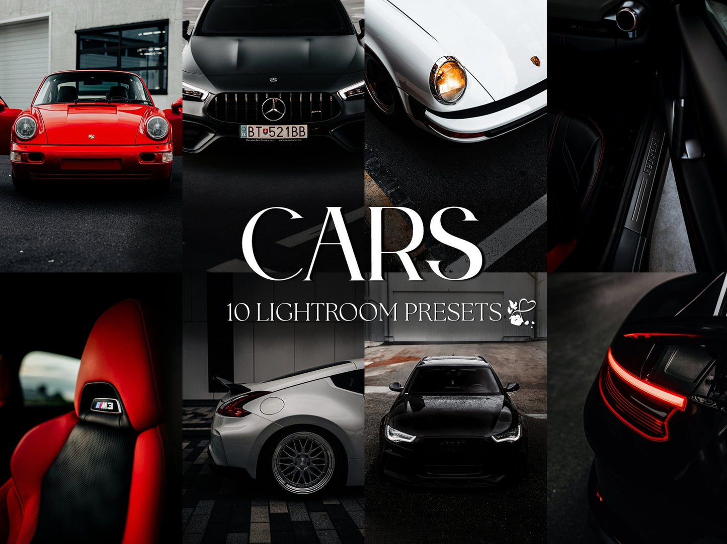 Collage of luxury cars showcasing 10 Lightroom presets for stunning photo editing and mobile editing.