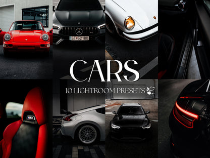 Collage of luxury cars showcasing 10 Lightroom presets for stunning photo editing and mobile editing.