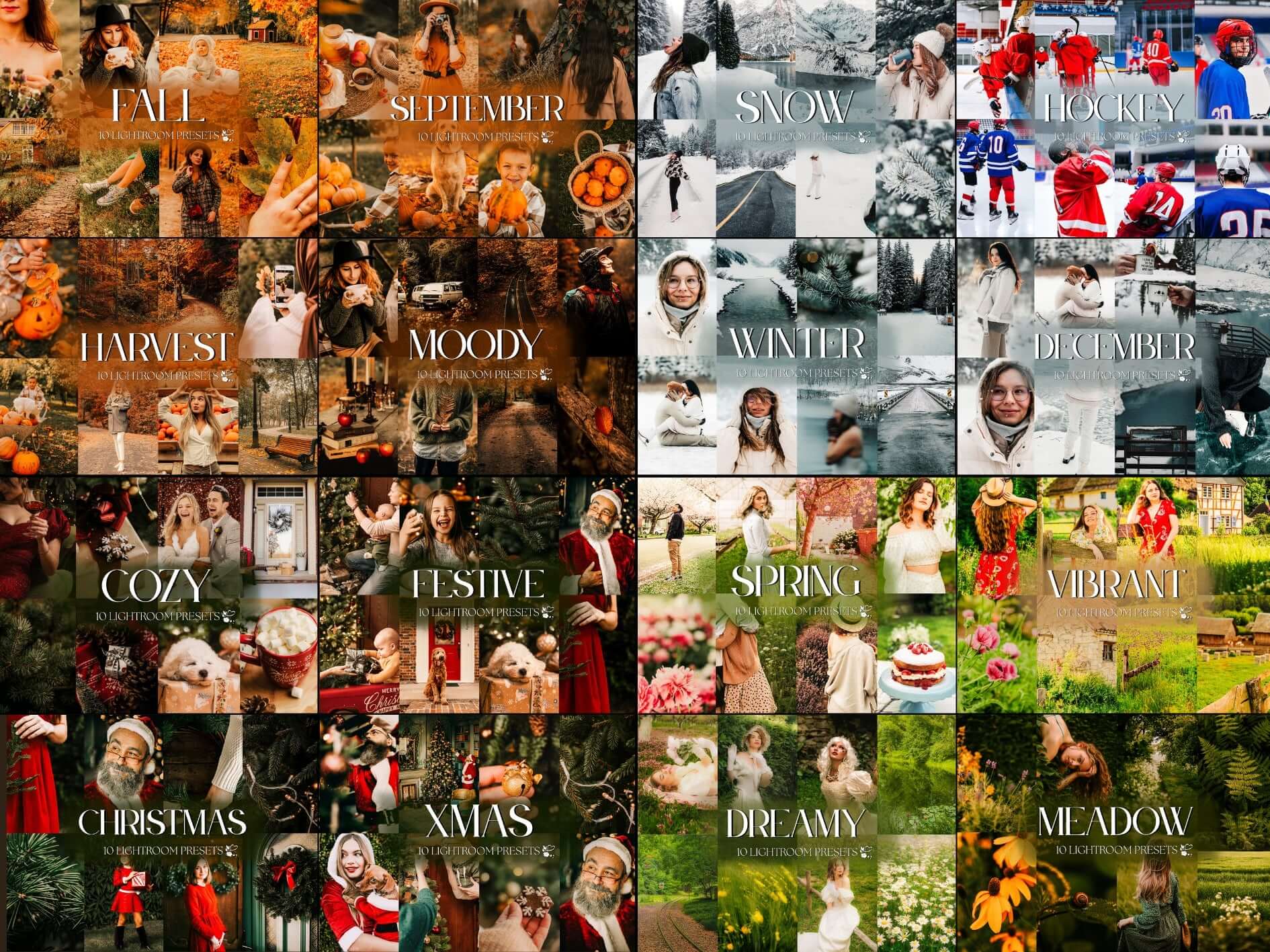 Seasonal photo collage showcasing Lightroom presets: Fall, Winter, Christmas, Spring, and more for vibrant photo editing.