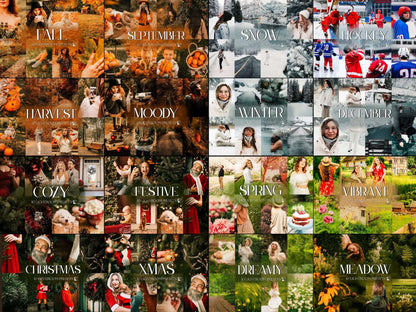 Seasonal photo collage showcasing Lightroom presets: Fall, Winter, Christmas, Spring, and more for vibrant photo editing.