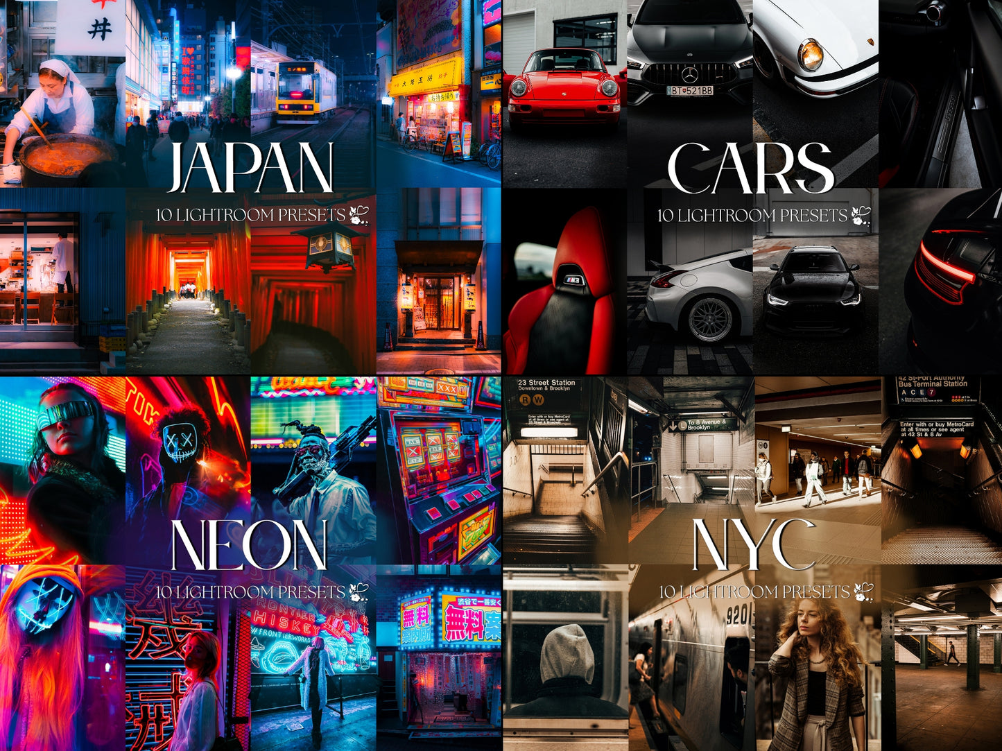 Collage of Lightroom presets themed around Japan, cars, neon aesthetics, and NYC for optimized photo editing.