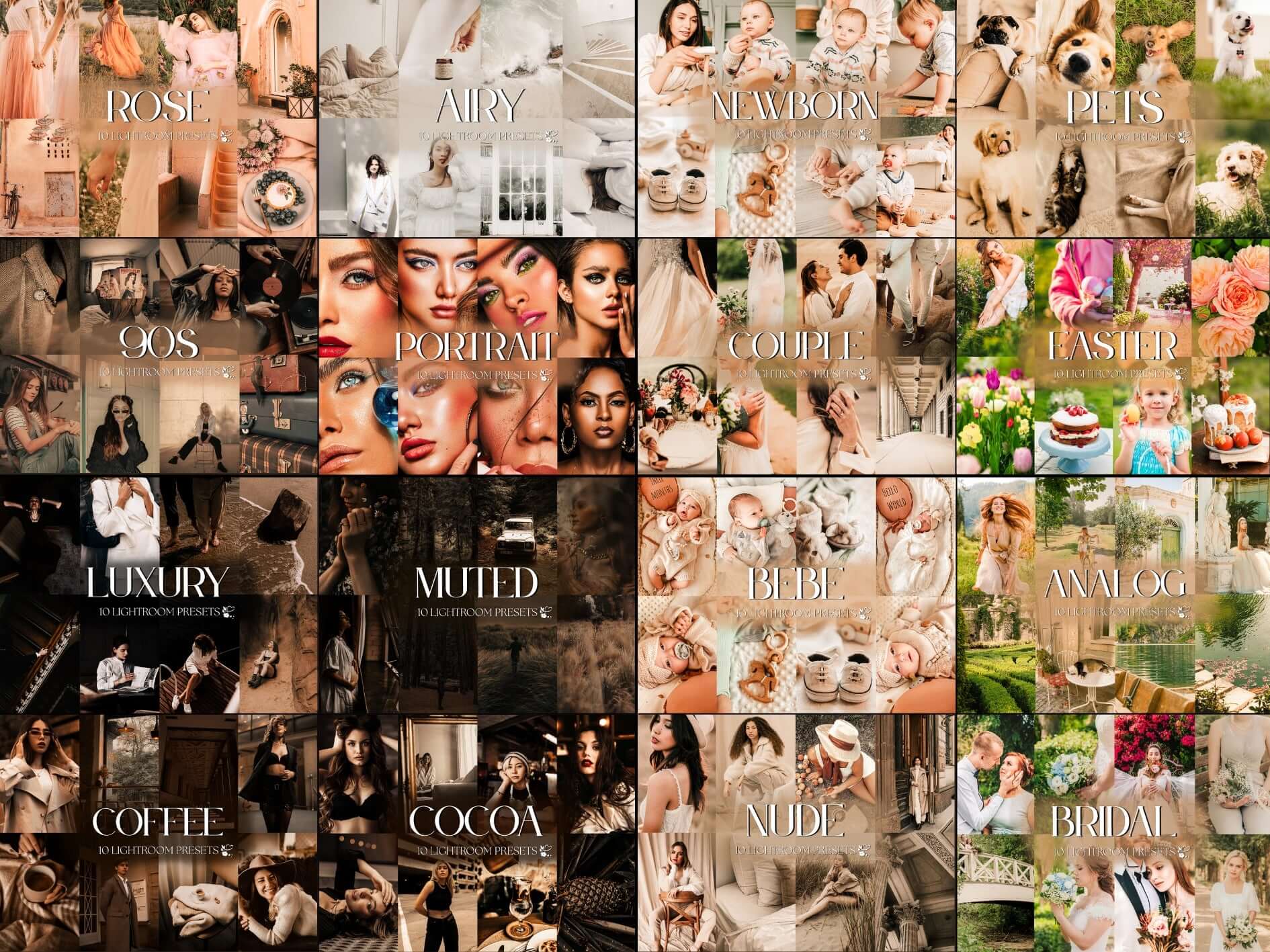 Collage of Lightroom Presets including Rose, Airy, Newborn, Portrait, and more. Ideal for diverse photo editing styles.