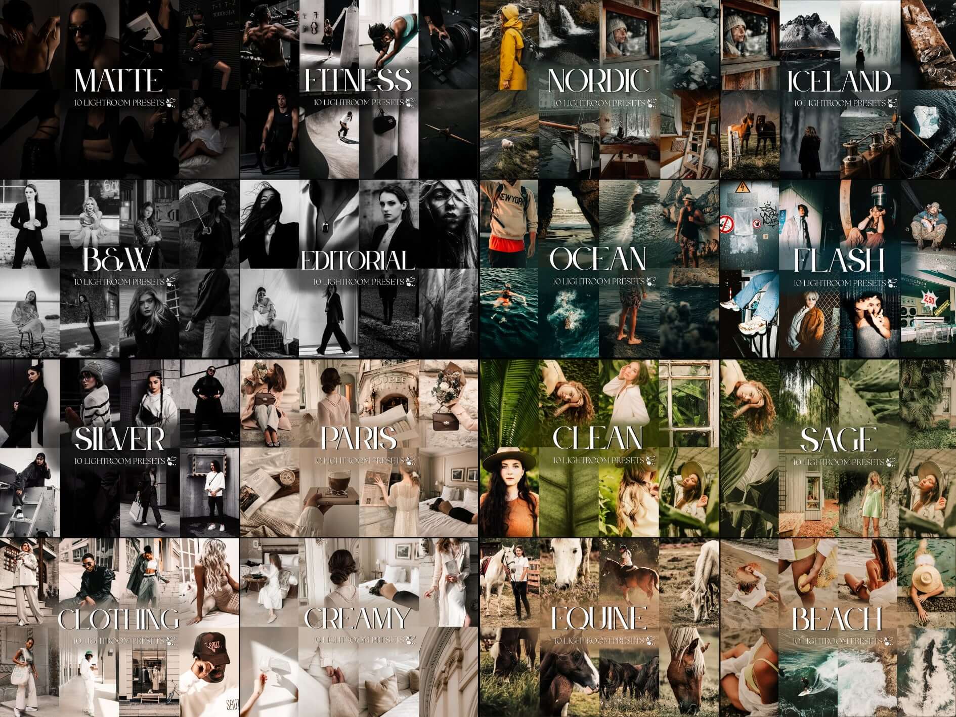 Grid of Lightroom presets showcasing diverse styles: Matte, Fitness, Nordic, Iceland, B&W, Ocean, and more.