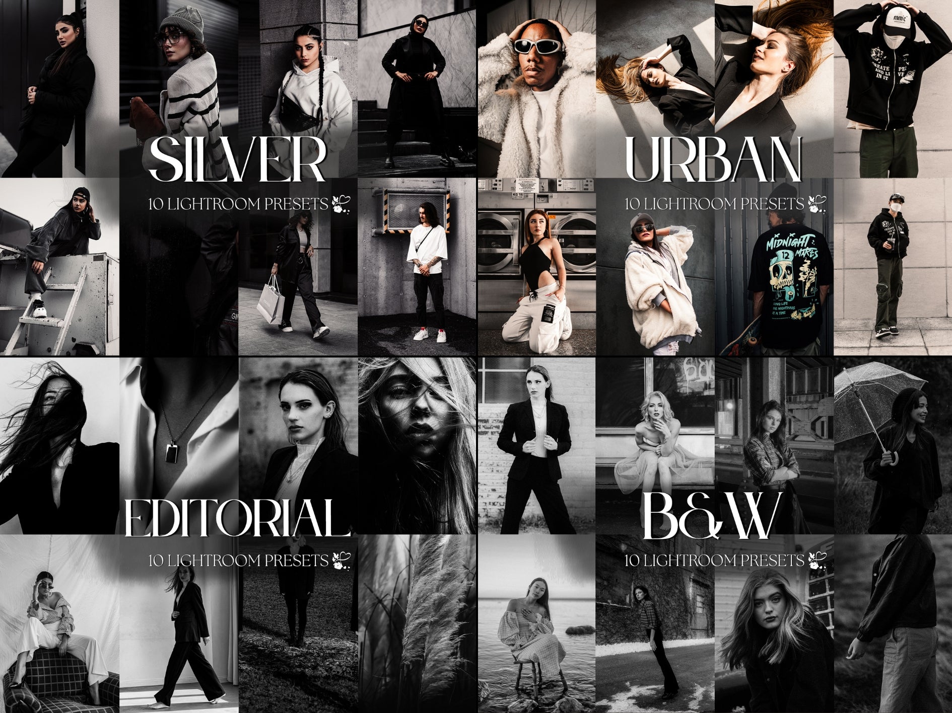 Collage of 10 Lightroom presets showcasing Silver, Urban, Editorial, and B&W styles for enhanced photo editing.