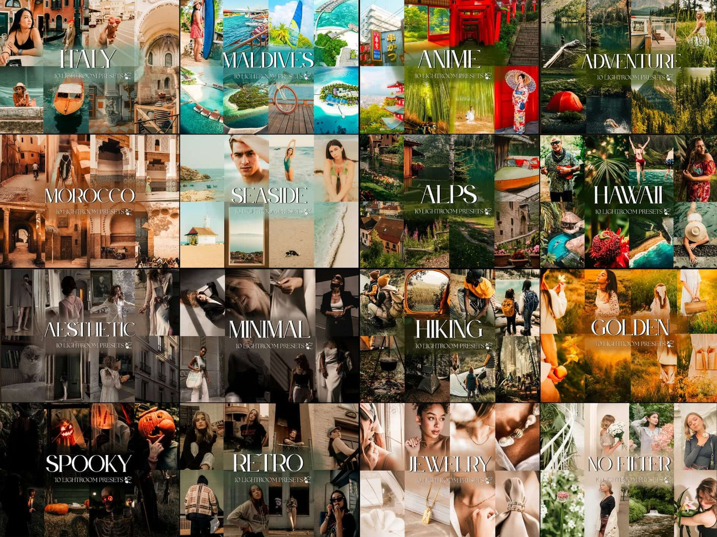 Collage of Lightroom preset themes including Italy, Maldives, Adventure, and Spooky, showcasing diverse photo styles.
